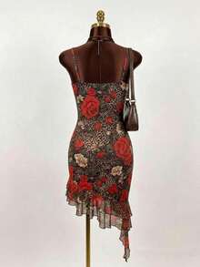 Xyvia 优雅性感女士吊带蕾丝拼接豹纹连衣裙 - 棕色 - 查看 2