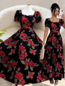 SHEIN Elenzya Đầm nữ in hoa hồng, cổ vuông, eo thon, dáng chữ A, tay phồng, thanh lịch, thích hợp mặc hàng ngày/đi nghỉ mát/đi làm, dự tiệc, phong cách đường phố Pháp, đa năng, màu trắng, in hoa hồng đỏ, thích hợp cho đầu xuân/xuân-hè, tay ngắn, dáng midi. - Đỏ và đen - Xem 8