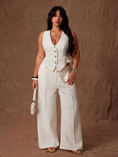 Rustia Plus Size Women's 2-Piece Vintage Spring/Summer Comfortable French V-Neck Collegiate Romantic High-End Vest Suit Set: Cinched Vest + High-Waisted Elastic Waist Wide Leg Pants, Suitable For Daily Outings, Back To School Season, Back To School Parties, Office Attire, Suit Set, Suitable For Spring And Summer