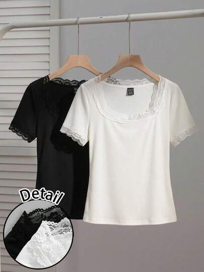 SHEIN EZwear 2件套加大码女式方领蕾丝拼接短袖休闲修身性感T恤，适合夏季穿着