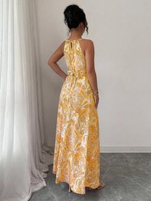 Vestido de mujer sin mangas con cuello de halter, cintura ceñida y dobladillo acampanado con estampado - Amarillo - Ver 4