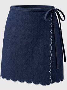 lacRébo Chân váy ngắn bằng vải denim tối màu, chất liệu cotton, với đường viền lượn sóng. Mẫu chân váy mùa hè đơn giản và dễ thương. - Rửa tối - Xem 6