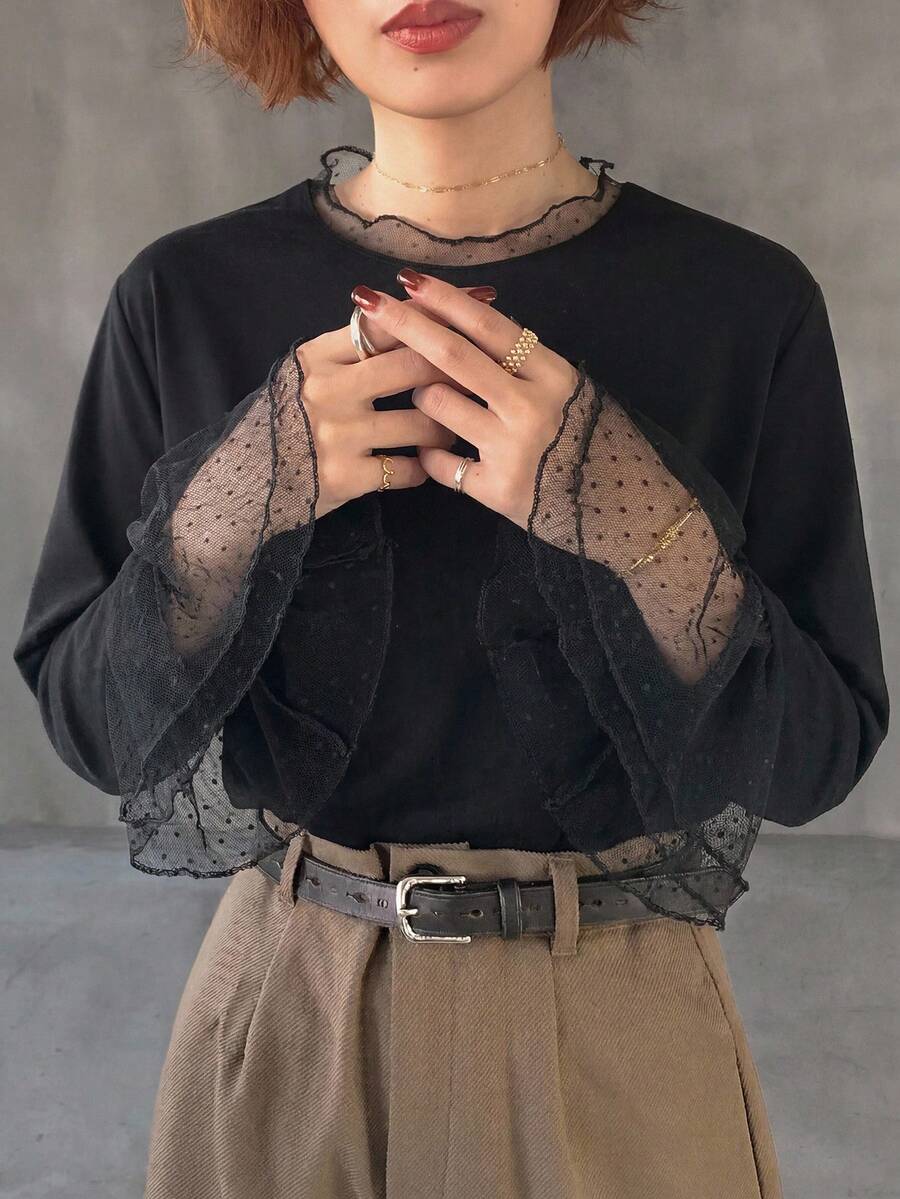 FRIFUL Camiseta holgada y versátil de unicolor con parches, tela de malla de lunares transparente - Negro - Ver 1