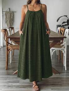 Comfylo 大码女式度假褶皱设计休闲吊带裙，适合节日穿着，也适合沙滩穿着，是度假、夏季、母亲节、夏季等各种场合的理想选择。 - 軍綠色 - 查看 1