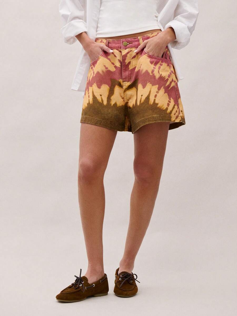 Nöista Batik-Denim Shorts mit mittlerer Taille, locker geschnitten, mit fünf Taschen und Gürtelschlaufen. Boho, Festival, Frühling, Sommer, Strandmode. - Verschiedenfarbig - Übersicht 1