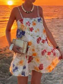 INAWLY 女士夏季休闲沙滩度假印花蕾丝宽松吊带连衣裙 - 杏色 - 查看 1