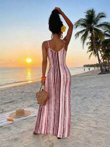 SHEIN Lady Đầm hai dây kẻ sọc thoải mái dành cho nữ, thích hợp cho kỳ nghỉ hè. - Hồng - Xem 2