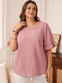 Rosumi Plus Size Pink Blouse With Flounce Sleeves And Tiered Detail,Teacher For Women - Pink - View 1
