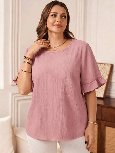 Rosumi Plus Size Pink Blouse With Flounce Sleeves And Tiered Detail,Teacher For Women
