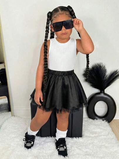 SHEIN Young Girl A - Line Leather Skirt. The Hem Is Decorated With Net Lace Accessories. It's Comfortable, Stylish, Elegant, Sweet, And Cute, A Must - Have For Daily And Outings. Skirts Mini Black Tutu Skirt Young Girls Dresses Black Skirt For Girls Tutu Skirts For Kids Petticoat For Kids Tulle Layer Skirt Tutu Skirts For Girls Summer Outfit For Girls Girl Skirt Outfits Skirt Set For Girls Young Girl Dresses Girls Outfits Sets For Kids