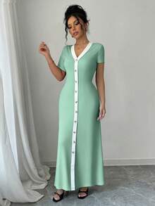 Selianne Women's Short Sleeve Front Button Two-Tone Dress - Green - View 6