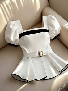 Franclia 2026 Y2K 复古风白色缎面方领荷叶袖衬衫 - 甜美清新风格，黑色荷叶边下摆，修身腰身，休闲派对时尚上衣 - 白色 - 查看 1