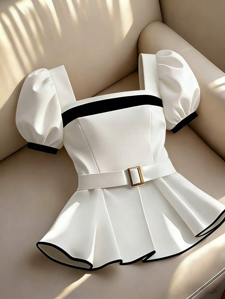 Franclia 2026 Y2K 复古风白色缎面方领荷叶袖衬衫 - 甜美清新风格，黑色荷叶边下摆，修身腰身，休闲派对时尚上衣 - 白色 - 查看 1