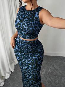 Elenzga 大码女式豹纹吊带背心和迷你裙两件套，性感时尚，适合日常通勤 - 藍色 - 查看 6