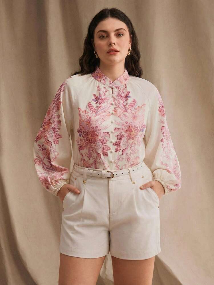 Anewsta New Summer Vacation Casual Romantic Pink Floral Placement Print Stand Collar Raglan Sleeve Elegant Plus Size Women Blouse