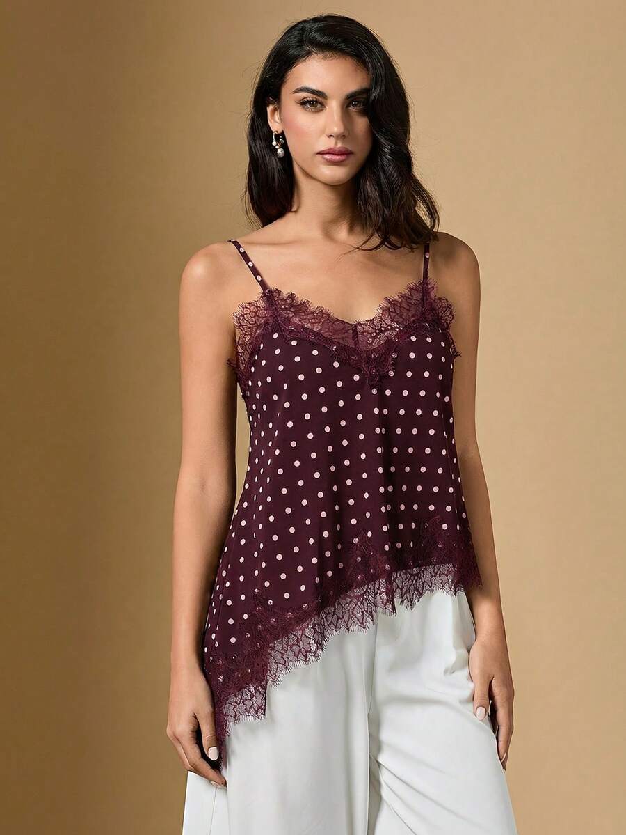 Briarwyn Camiseta de mujer con lunares y encaje asimétrico en el bajo - Rojo - Ver 1