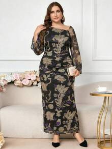Modelyn 大码女式印花弹力不对称领优雅长袖连衣裙 - 紫色 - 查看 6