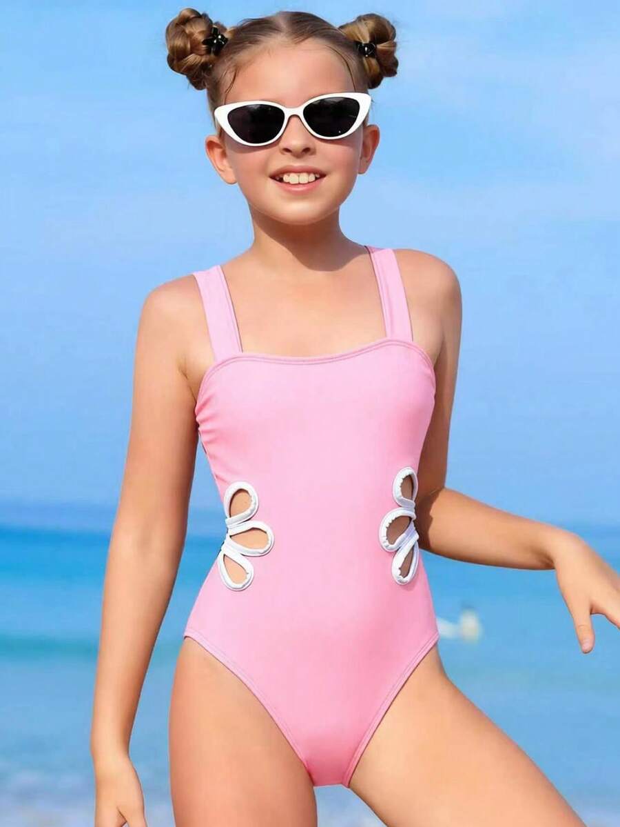 SHEIN 少女露腰连体泳衣 - 粉色 - 查看 1
