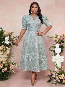 Fleurora 大码交叉裹身花瓣袖优雅纹理面料夏季连衣裙 - 綠色 - 查看 6