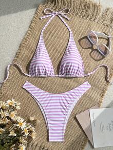 Swim Mod Striped Bikini Set For Beach Vacation - Multicolor - View 2