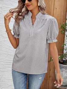 Breezaya Áo sơ mi nữ tay ngắn cổ chữ V kẻ sọc dáng suông, thích hợp cho kỳ nghỉ hè, áo kiểu nữ, áo sơ mi nữ thường ngày, áo kiểu nữ thanh lịch, áo sơ mi nữ thường ngày, áo công sở thường ngày, áo kiểu nữ kẻ sọc, áo có khóa kéo, áo công sở thường ngày, áo kiểu Zanzea cho nữ, áo tay phồng, áo kẻ sọc, áo tay ngắn, áo thường ngày. - màu đen - Xem 5