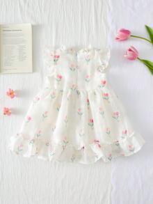 SHEIN 2025 Spring/Summer Rose Print Sleeveless Ruffled Dress For Baby Girls, Zipper Back, Cute & Sweet Princess Style, Versatile For Daily Wear & Commute - Multicolor - View 2