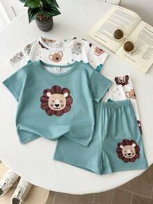 LMoss Kids 4件套男婴可爱动物印花休闲T恤和短裤家居服套装 - 彩色 - 查看 7