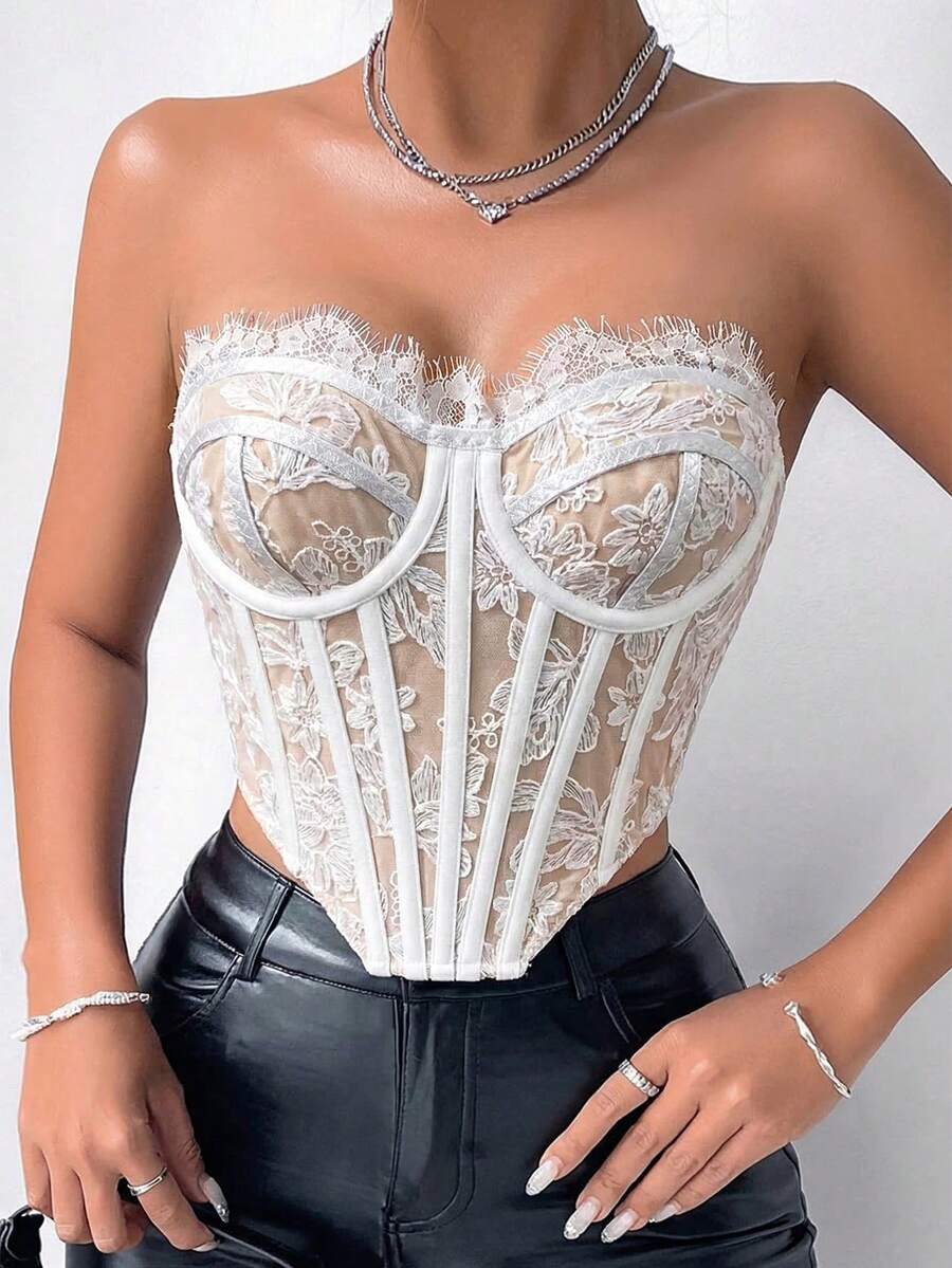 Allurite 女士蕾丝边休闲百搭约会之夜吊带背心 - 米色 - 查看 1