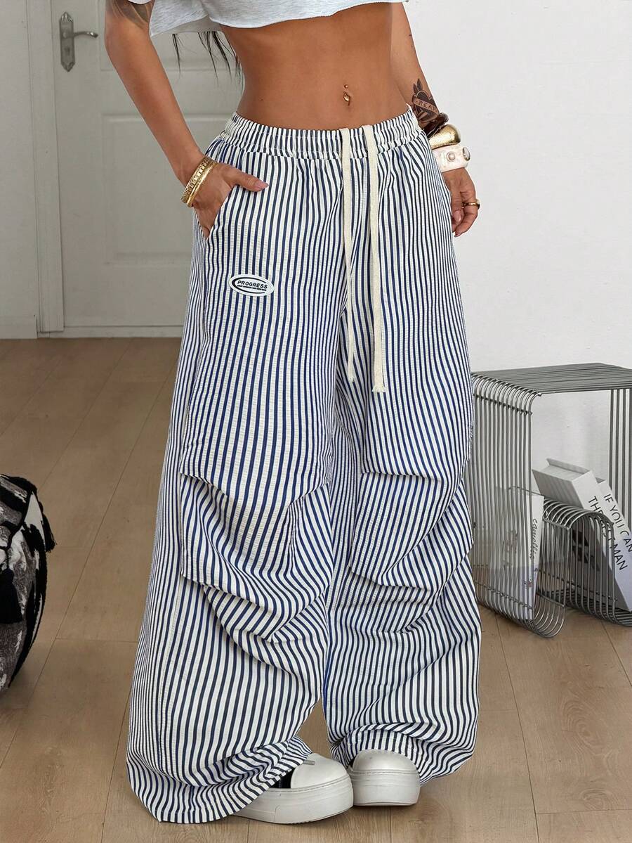 Coolane 女士夏季基本款条纹阔腿运动裤 - 藍白色 - 查看 1