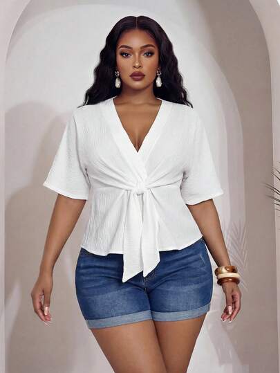 Slaydiva 早春新款，春夏音乐节、情人节、复活节、婚礼季、假日季，休闲优雅，大码时尚，通勤、日常穿着、工作服、度假、派对、邮轮、基础款、日常约会，深V领，前系带设计，荷叶边袖，短袖，杏色上衣，衬衫，女士衬衫 -Z