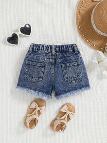 SHEIN Celana Pendek Jeans Gaya Boho Musim Semi/Panas Y2K untuk Anak Perempuan, Celana Pendek Denim Kasual dengan Efek Lusuh dan Pudar - Dark Wash - View 2