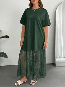 SHEIN Essnce 女士大码长裙，假两件式连衣裙，蕾丝拼接连衣裙，透视连衣裙，白色连衣裙，夏季连衣裙，毕业礼服，生日礼服，节日连衣裙，白色连衣裙，优雅高贵 - 墨綠色 - 查看 6