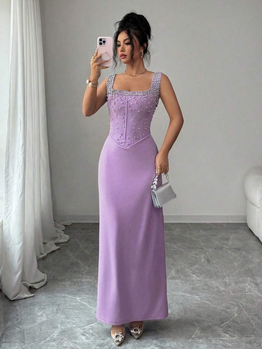 Elenzga Gaun Elegan Romantis Pas Badan Tanpa Lengan, Leher Persegi, Ikat Pinggang, Dekorasi Mutiara & Berlian Imitasi, Cocok untuk Pesta dan Pernikahan - Mauve Purple - View 1