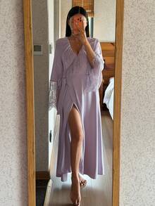 DAZY 女款優雅蕾絲荷葉邊睡袍，春夏睡衣 - 紫色 - 查看 1