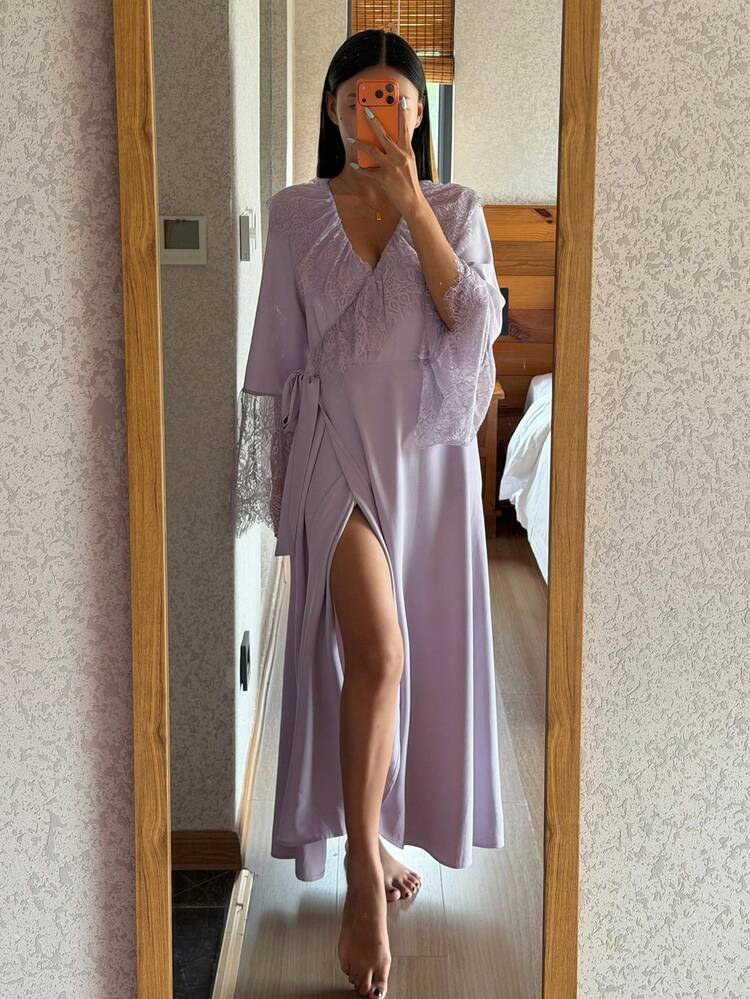 Women's Elegant Lace Ruffle Trim Sleepwear Robe, Spring/Summer
