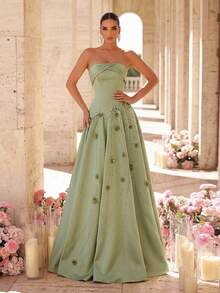 Glamrae 优雅浪漫时尚的绿色缎面不对称拼接水钻装饰3D立体花卉A字型正式派对婚礼宾客礼服，绿色晚礼服 - 綠色 - 查看 2