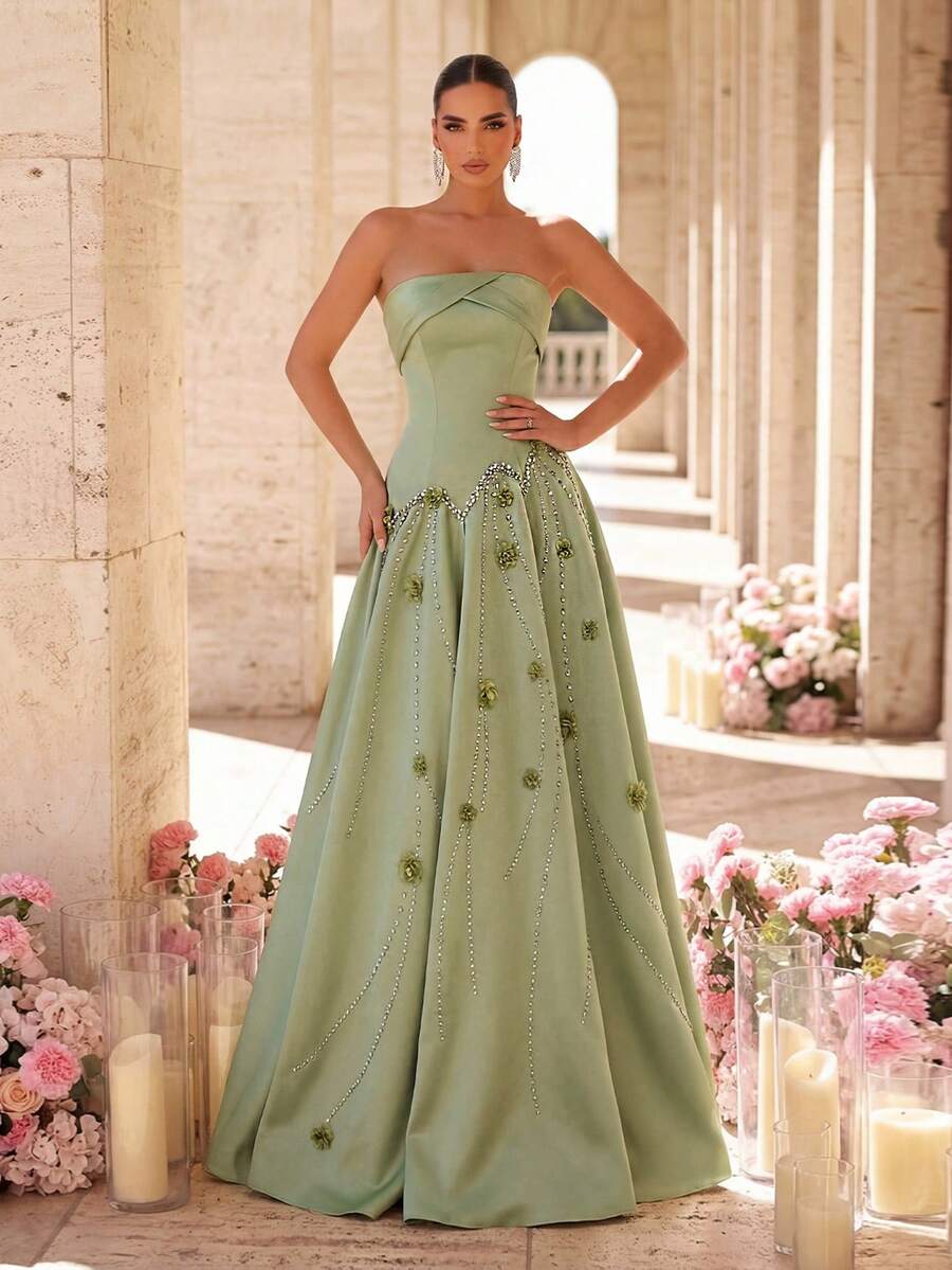 Glamrae 优雅浪漫时尚的绿色缎面不对称拼接水钻装饰3D立体花卉A字型正式派对婚礼宾客礼服，绿色晚礼服