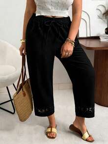 Ceyna Plus Size Casual Elegant Pleated Hollow Floral Drawstring Pants, Suitable For Summer And Vacation Black Fall - Black - View 6