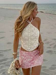 Aloruh 新款春夏浪漫约会婚礼优雅串珠吊带花卉提花露背吊带背心，适合海滩、热带度假、锐舞派对、节日等场合，是女士海滩度假、波西米亚风、热带假日活动的理想之选。粉色猎豹印花女士夏季服装，女士海滩服装，度假服装，女士夏季服装。 - 杏色 - 查看 1