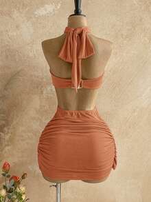 Vestido mini ajustado con envoltorio asimétrico y fluido, adecuado para citas, fiestas de jardín, fiestas del té, arreglos florales, estilo bohemio, vacaciones, vintage, para mujer en - Naranja - Ver 2