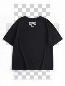 Tetris™ X SHEIN 男童休闲字母图案圆领短袖T恤，夏季 - 黑色 - 查看 2