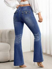 SHEIN PETITE Women's Y2K High Waist Flare Jeans Aqua Blue,Summer,Casual,Everyday Stretch Lifting Wide Leg Denim Pants With Pockets,Streetwear Fashion Washed ,Petite Women - Dark Wash - View 2