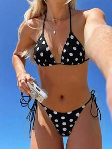 SHEIN Swim Mod 2026 Spring/Summer Women's Black Background White Polka Dot Random Print Sweet Cute Side Tie Halter Bikini Two Pieces Swimsuit - Black and White - View 3