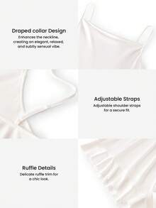 LUVLETTE Summer Sweet Feminine Plus Size Satin Pajama Set - Cowl Neck Camisole & Ruffled Shorts Soft Romantic Lounge Wear Wedding Items Bride Pajamas Set - White - View 4