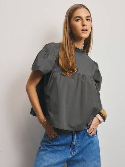 Aralina 女士休闲日常通勤纯色荷叶边领花瓣袖宽松衬衫