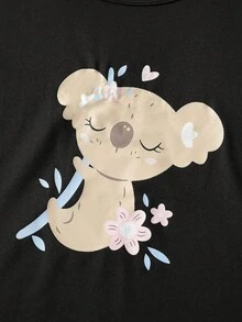 4件組青少年女孩睡衣套裝，粉色與黑色夏季休閒卡通動物印花字母圖案短袖短褲家居服，柔軟透氣 - 彩色 - 查看 6