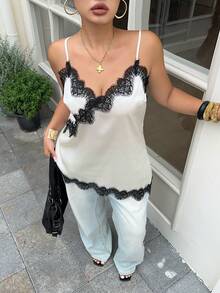 GalTyme Áo hai dây ren tương phản dành cho nữ cỡ lớn - Đen và trắng - Xem 3
