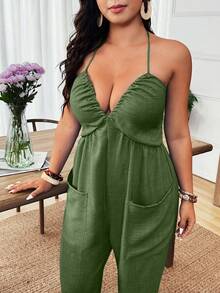 Weeklong Plus Size Women Solid Color Pleated Halter Tie Casual Jumpsuit Pants For Daily Wear - Mint Green - View 4