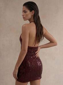 Glamine Wine Red Color Shiny Halter Sexy V-Neck Backless High Slit Slim Sleeveless Asymmetrical Maxi Dress,High-End Elegant Dress,Prom Dress,Music Festival Carnival Outfit,Street Style,Concert Outfit,Club Outfit,Date Outfit,Women's Birthday Outfit,Party Essential,Wedding Banquet Dress,Fashion Floral Element,Shiny Dress - Burgundy - View 2