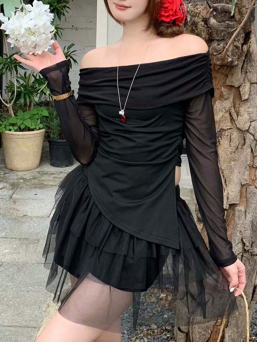 K-Vae 1 Set Soft Mesh Solid Color Off-Shoulder Long Sleeve Cinched Waist Top And Layered Ruffle Mini Skirt, Minimalist Aesthetic 2-Piece Set - Black - View 1